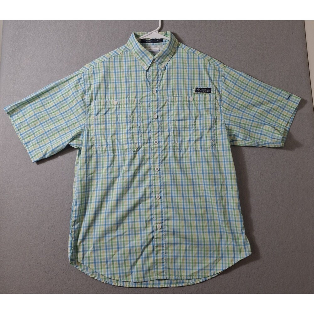Columbia PFG Super Tamiami Shirt Mens S Blue Green Plaid Omni-Shade Fishing